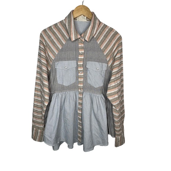 Dress Up Striped Plaid Peplum Button Up Shirt Cottagecore Women Size Small - Picture 2 of 14